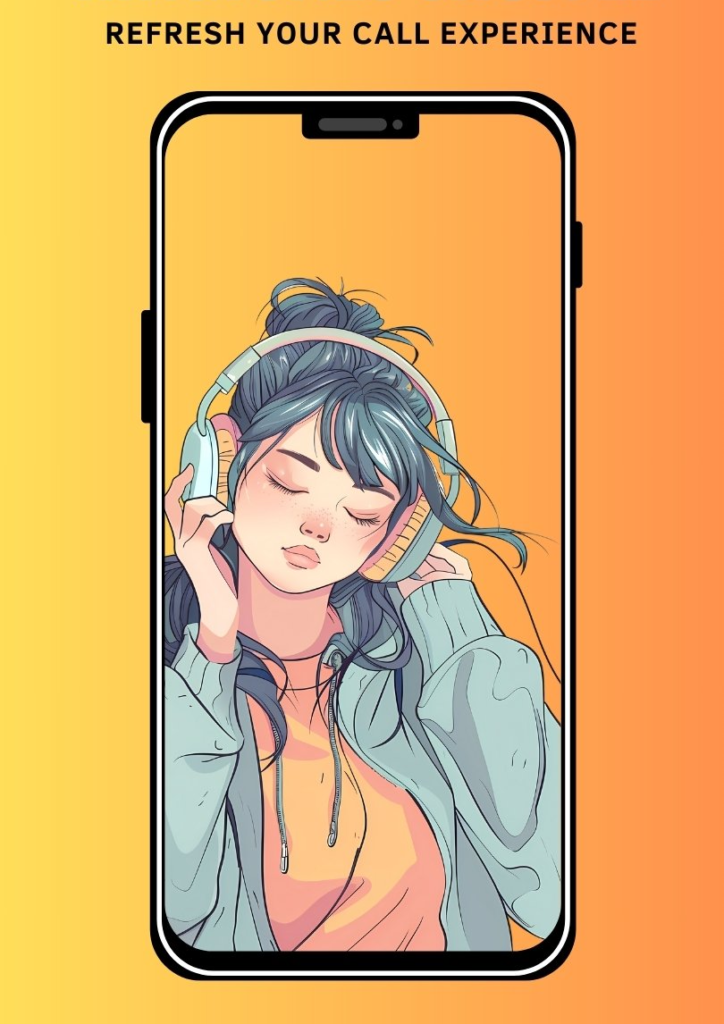 Illustration of a girl enjoying music with headphones inside a smartphone frame, promoting ringtone customization