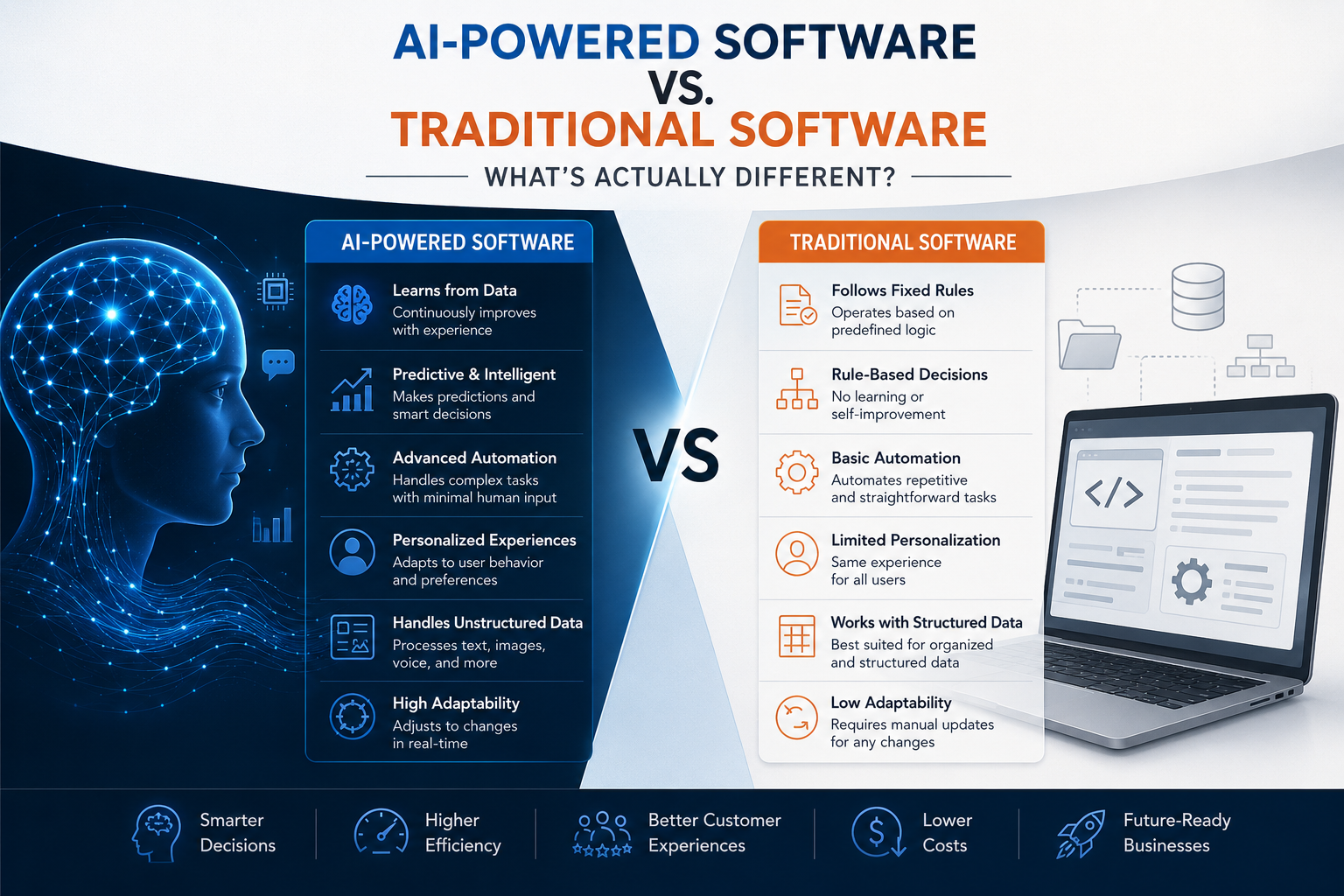 AI-Powered Software vs Traditional Software comparison showing automation, machine learning, business intelligence, and rule-based software systems.