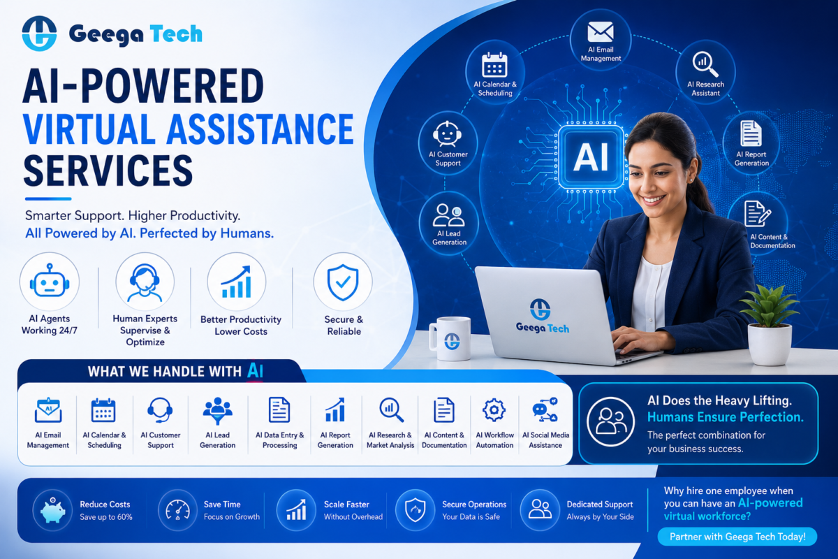 AI-Powered Virtual Assistance Services by Geega Technologies featuring AI agents, business automation, workflow automation, customer support, and remote virtual assistant solutions.