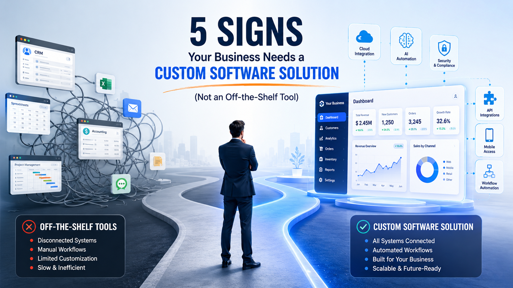 Business owner choosing between off-the-shelf software and custom software solution