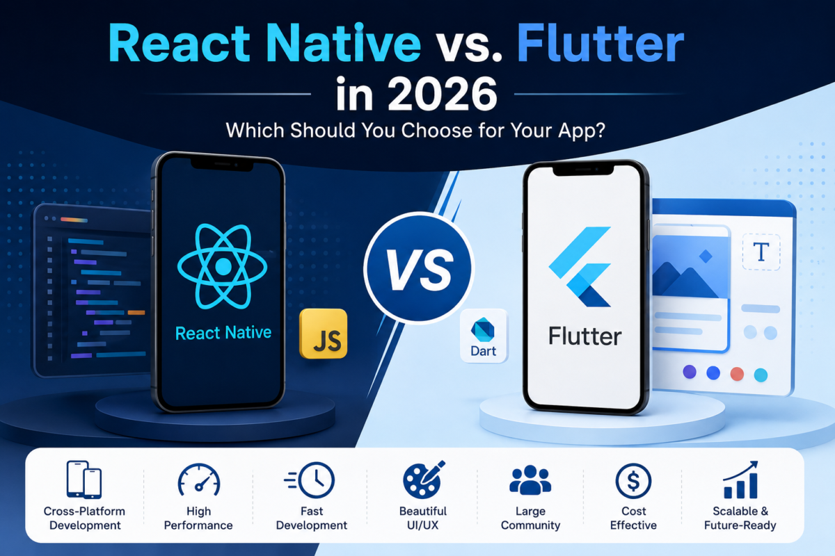 React Native vs Flutter in 2026 comparison showing performance, UI, development speed, scalability, and cross-platform mobile app development frameworks.