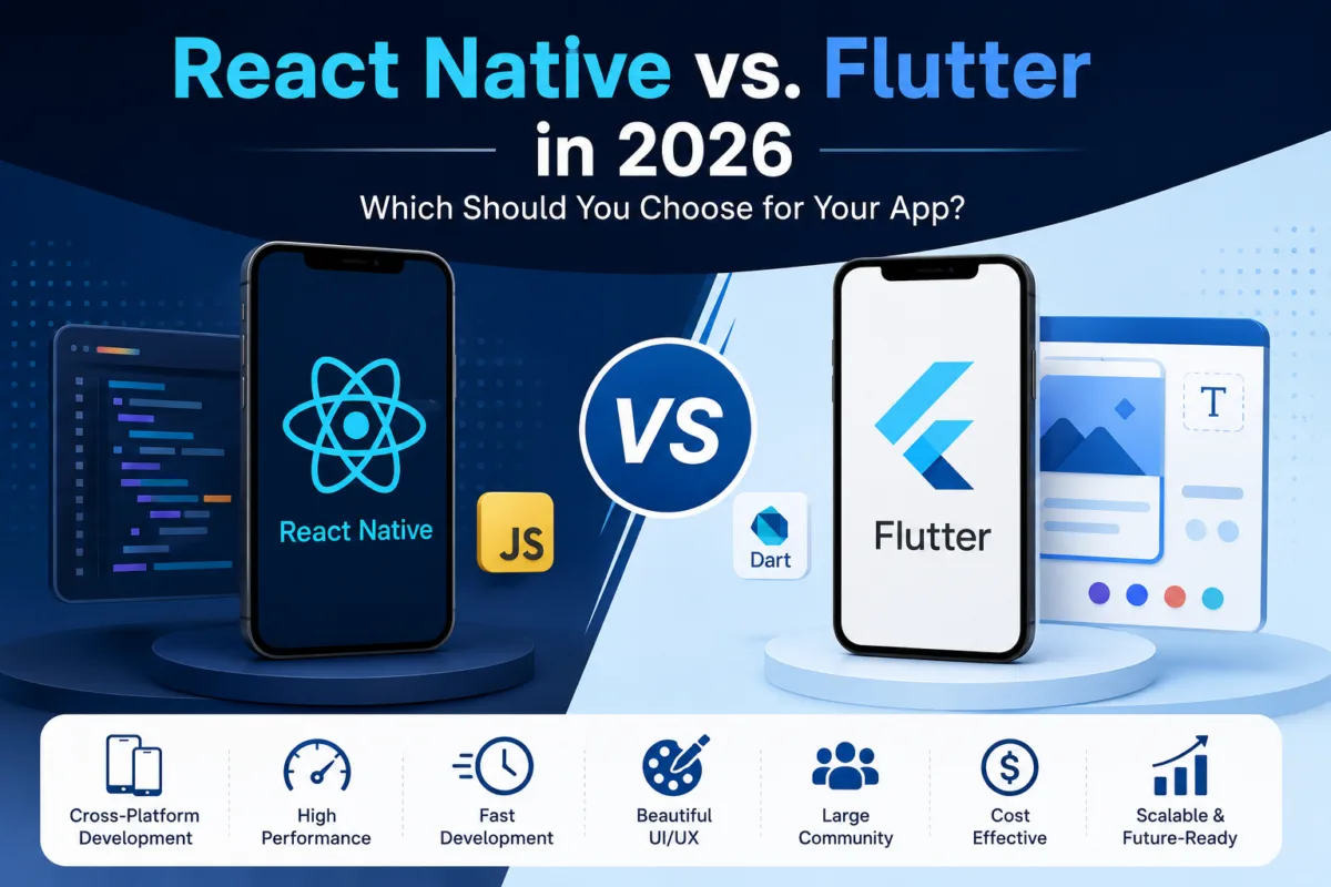React Native vs Flutter in 2026 comparison showing performance, UI, development speed, scalability, and cross-platform mobile app development frameworks.
